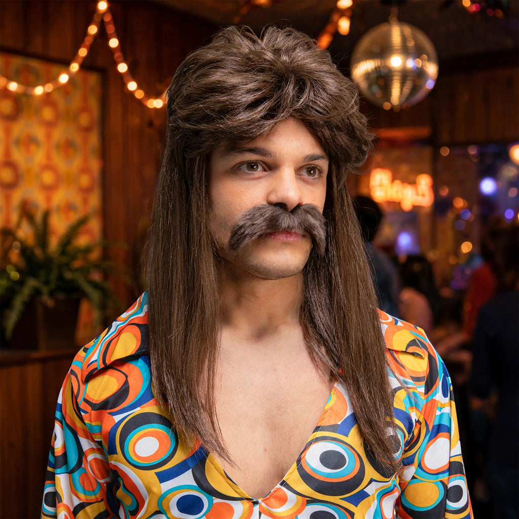 Person wearing 70s Guy Brown Wig and Moustache Set at a disco or retro-themed party