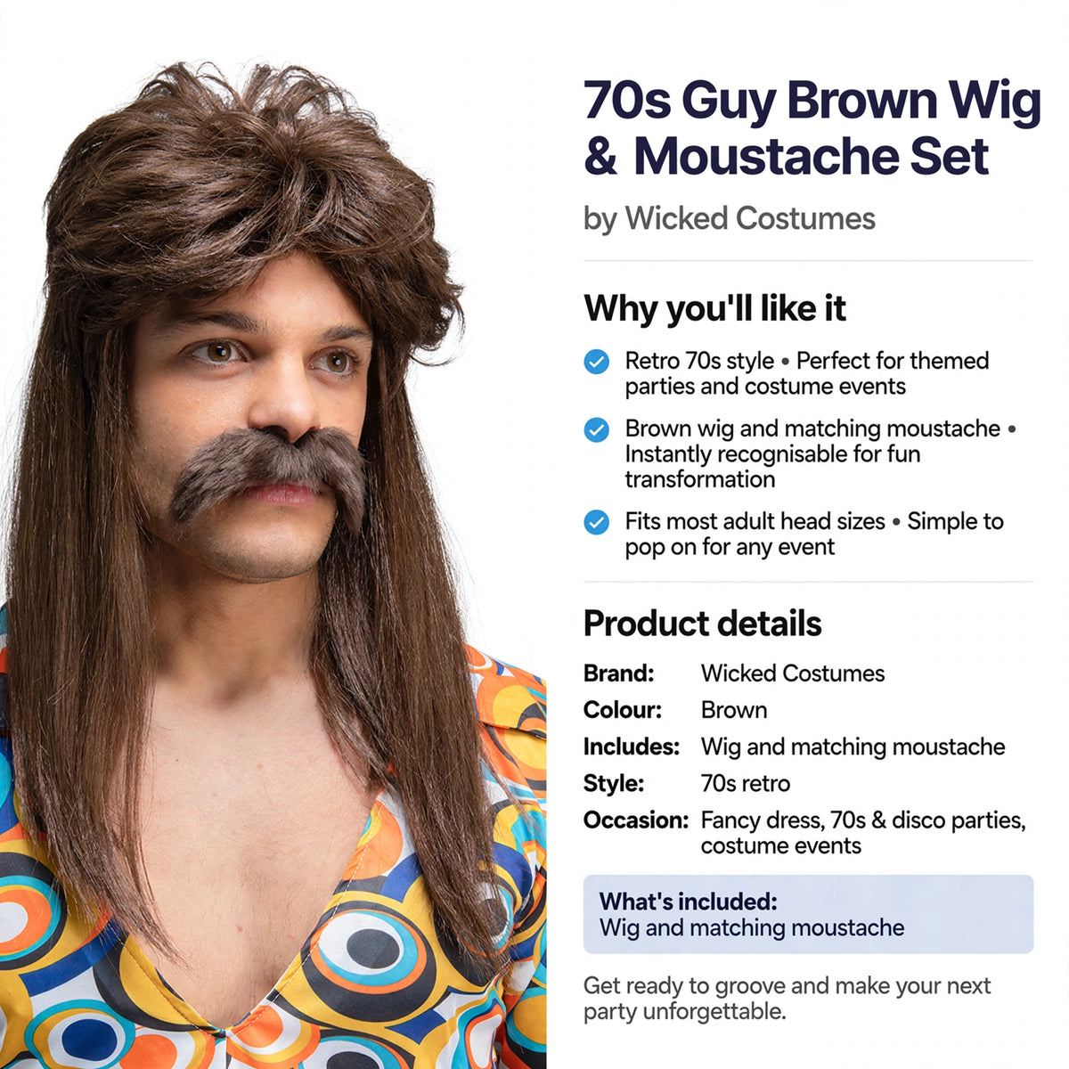 Wig and moustache set fits most adult head sizes for easy wear at themed parties