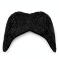 A black faux fur cowboy mustache costume accessory, photographed against a solid white background.