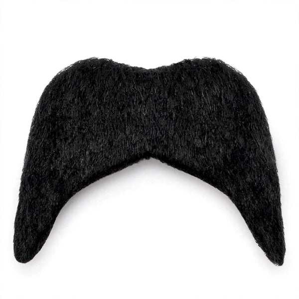 A black faux fur cowboy mustache costume accessory, photographed against a solid white background.