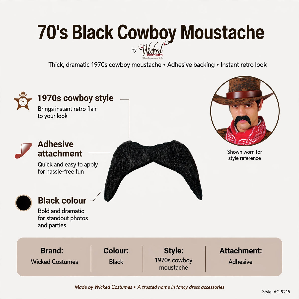 features 1970s cowboy style, adhesive attachment, black colour