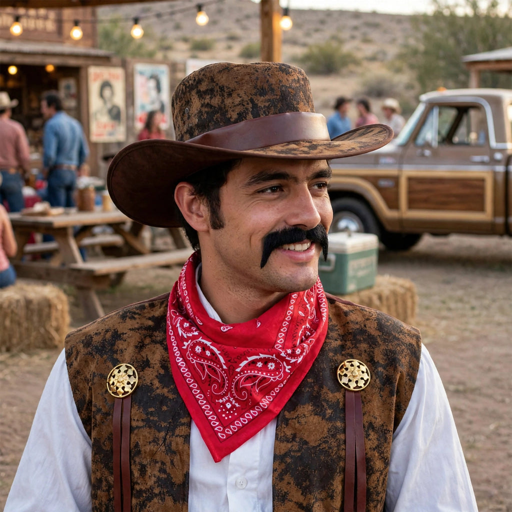 70's Black Cowboy Moustache worn for a western or retro-themed event