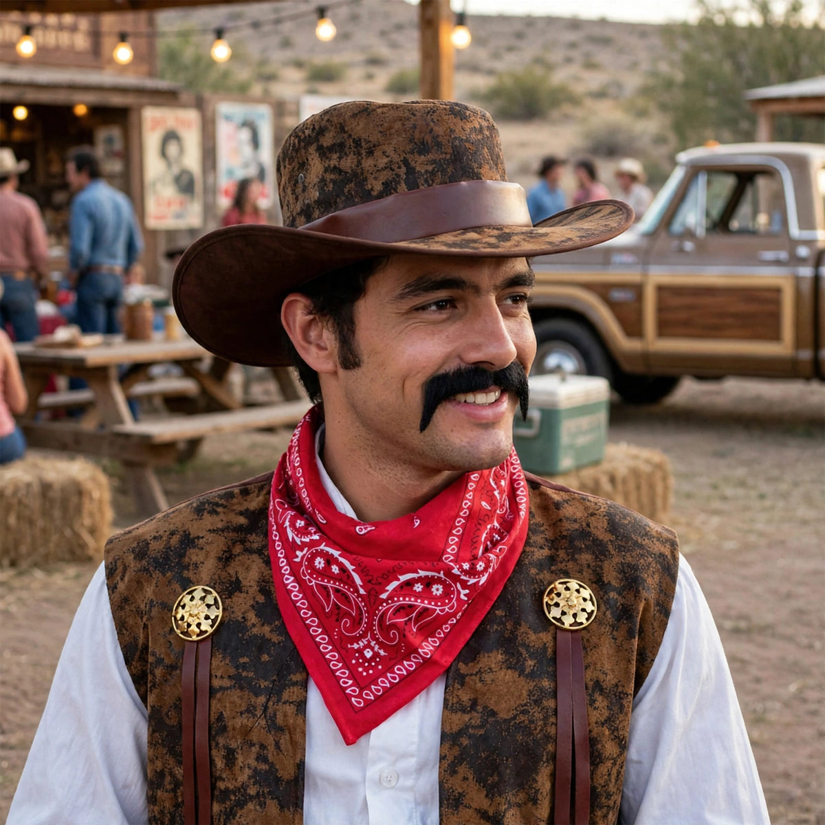 70's Black Cowboy Moustache worn for a western or retro-themed event