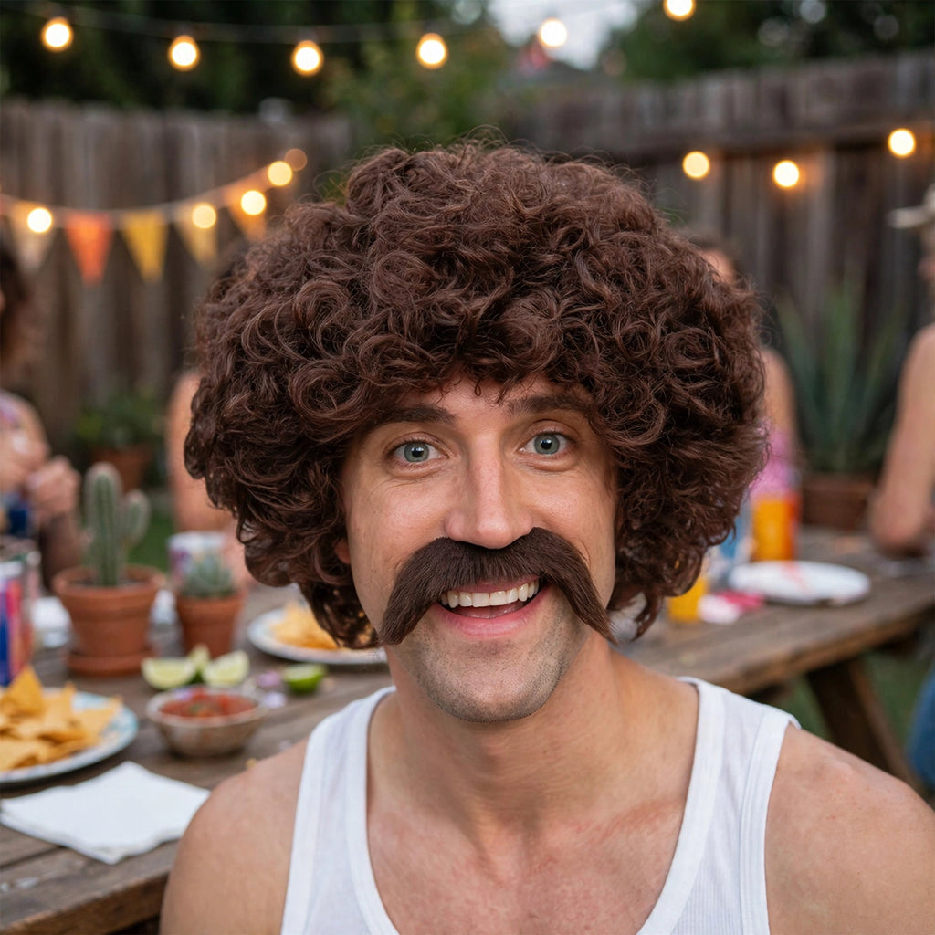 Brown cowboy moustache worn with 1970s-inspired or western costume