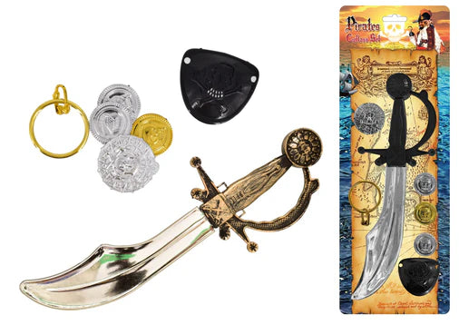 Pirate Cutlass Fancy Dress Set showing cutlass sword, gold earring, black eyepatch and treasure coins by Henbrandt