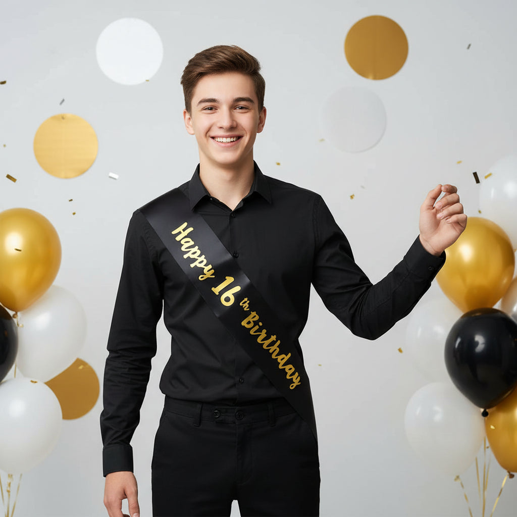 Black And Gold 16th Birthday Sash | Merthyr Tydfil | Why Not Shop Online