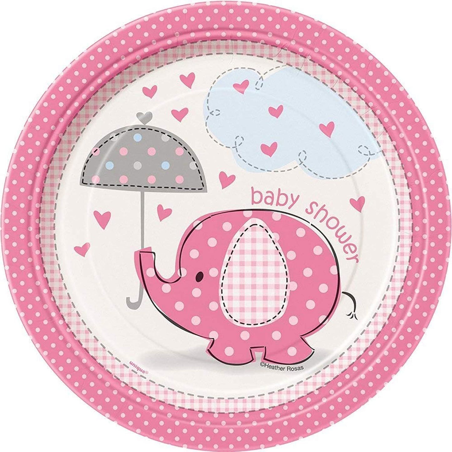 8 Pack 7 Inch Umbrellaphants Pink Baby Shower Plates | Why Not Shop