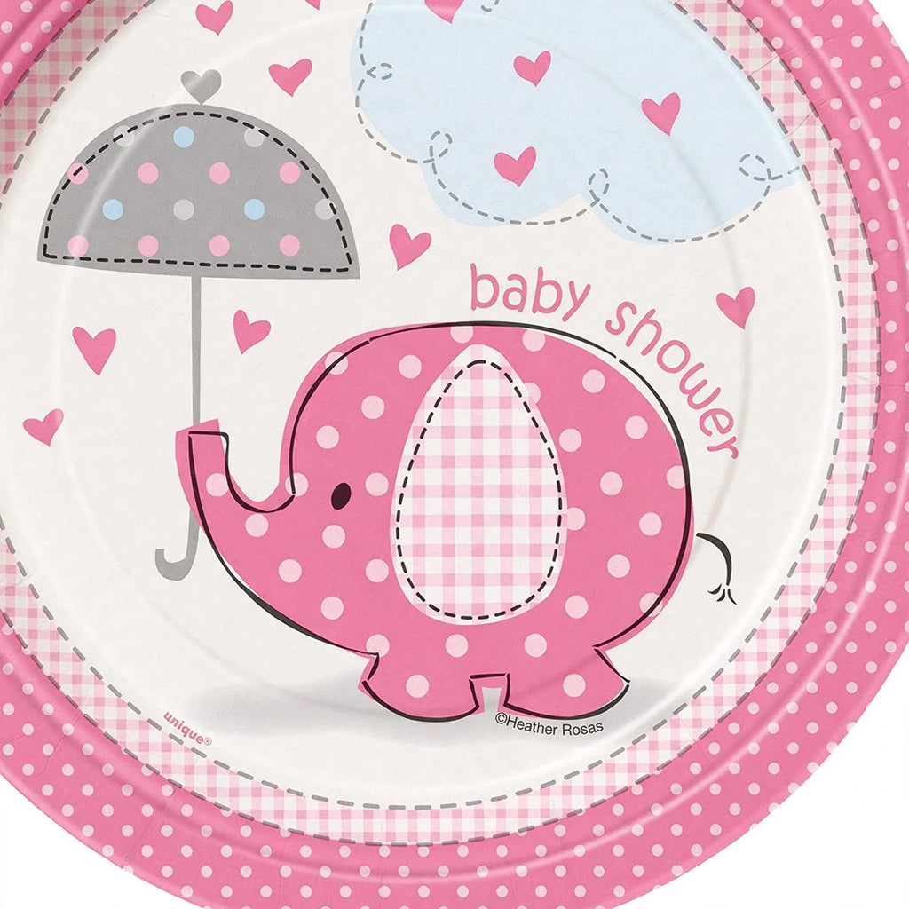 Close-up view of pink and white Umbrellaphants elephant design on baby shower plate