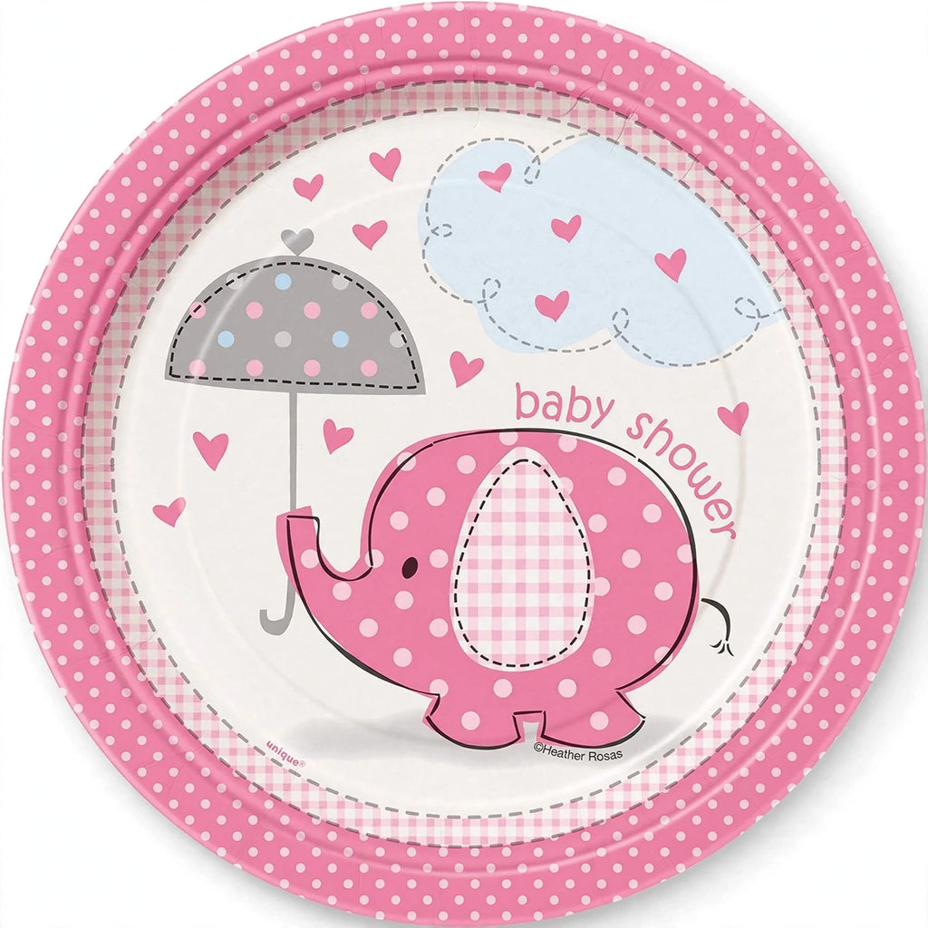 8 pack of 7 inch pink and white Umbrellaphants baby shower plates