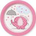 8 pack of 7 inch pink and white Umbrellaphants baby shower plates