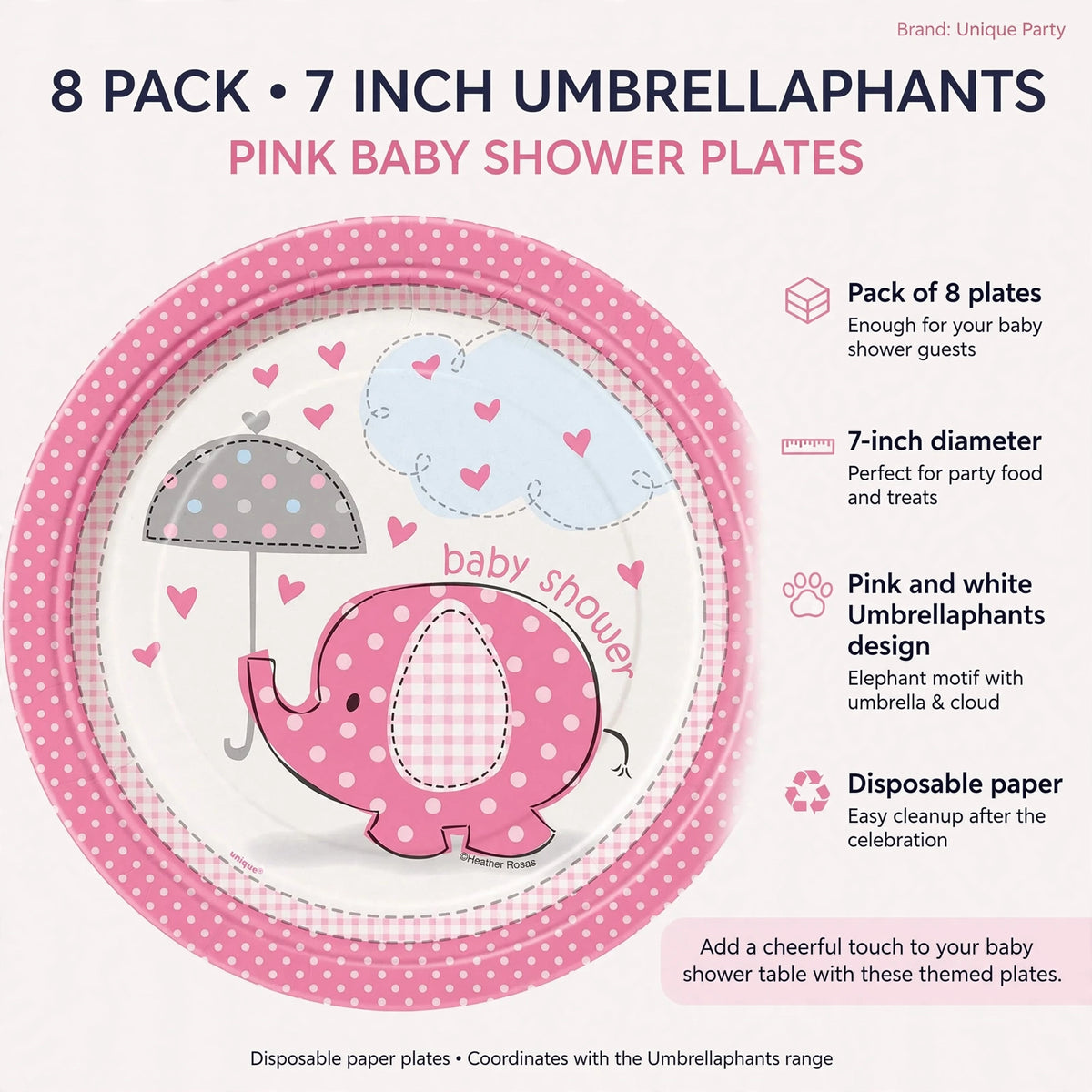 Infographic showing pack of 8 plates, 7 inch size, pink and white elephant motif, disposable paper