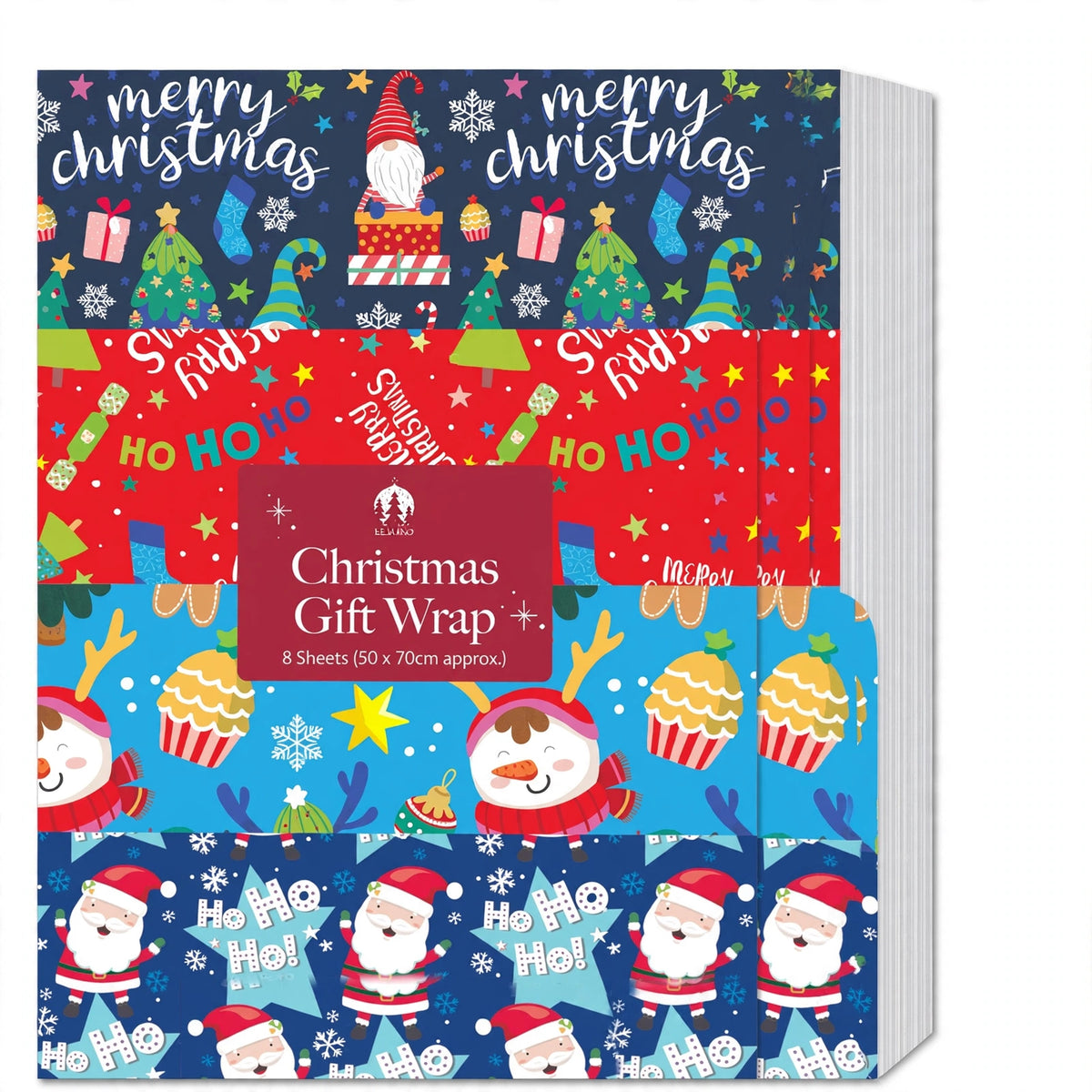 Close-up view of a flat wrap Christmas wrapping paper sheet from the 8 pack