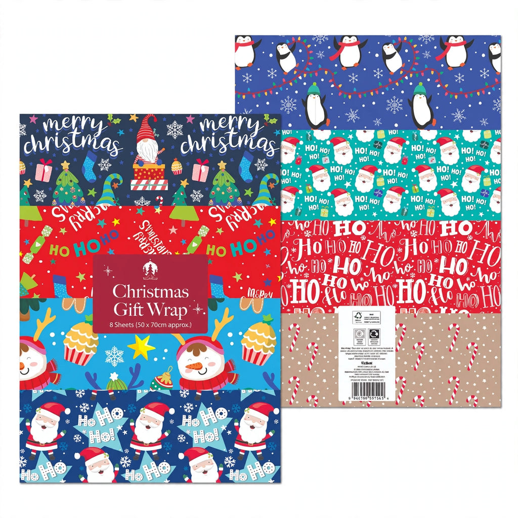 8 pack of flat wrap Christmas wrapping paper sheets