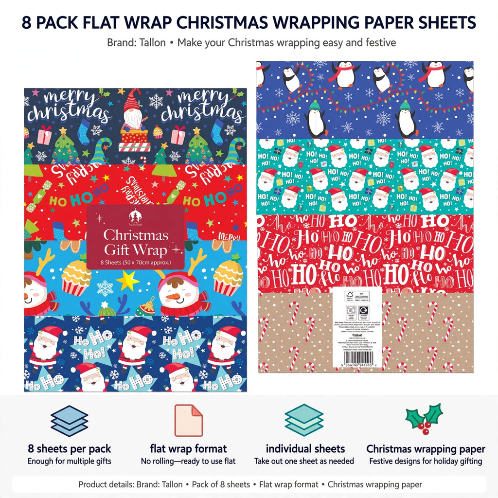 Infographic showing 8 individual flat wrap sheets for Christmas gift wrapping