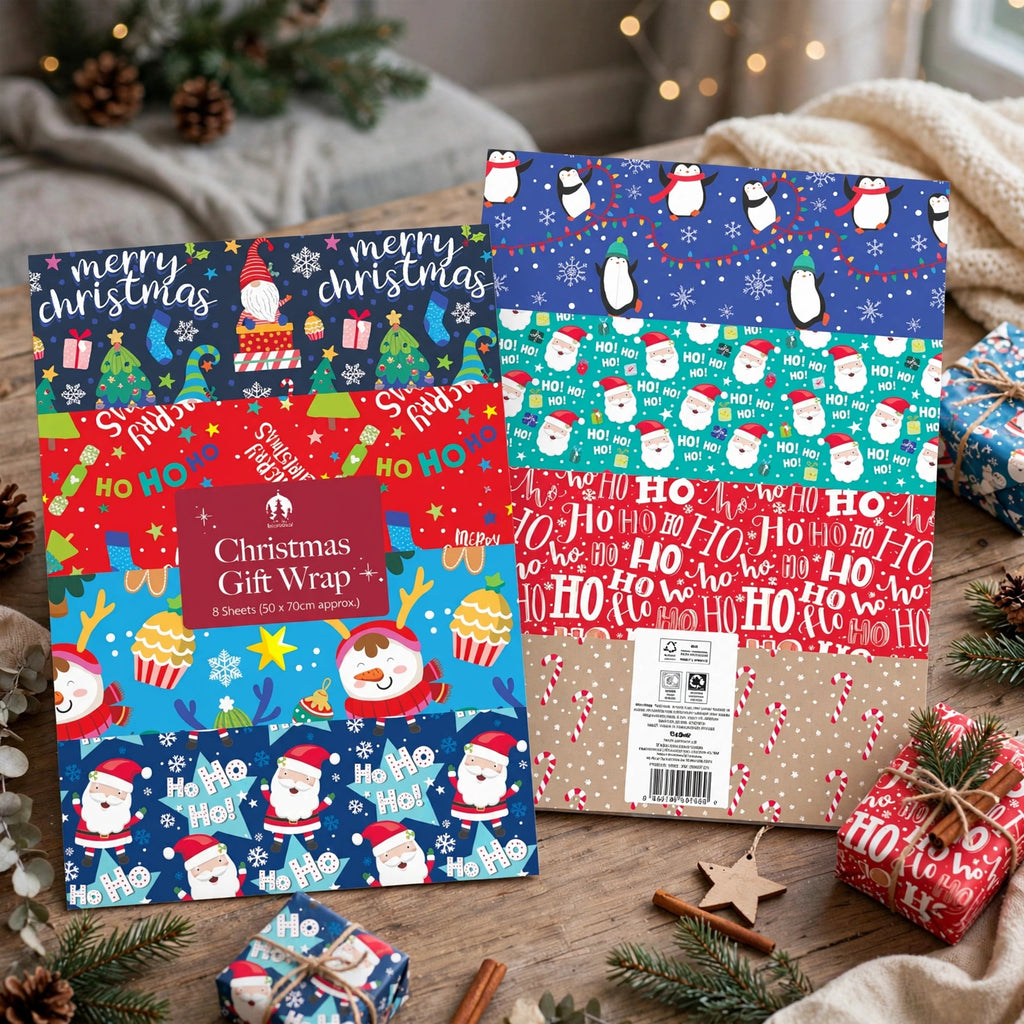 Flat wrap Christmas wrapping paper sheets ready for wrapping holiday gifts