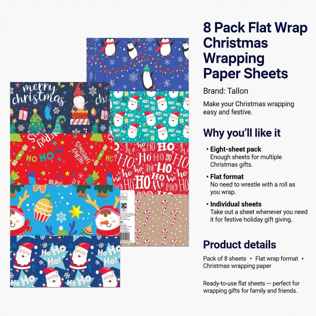8 pack of Christmas wrapping paper sheets in flat format for easy gift wrapping