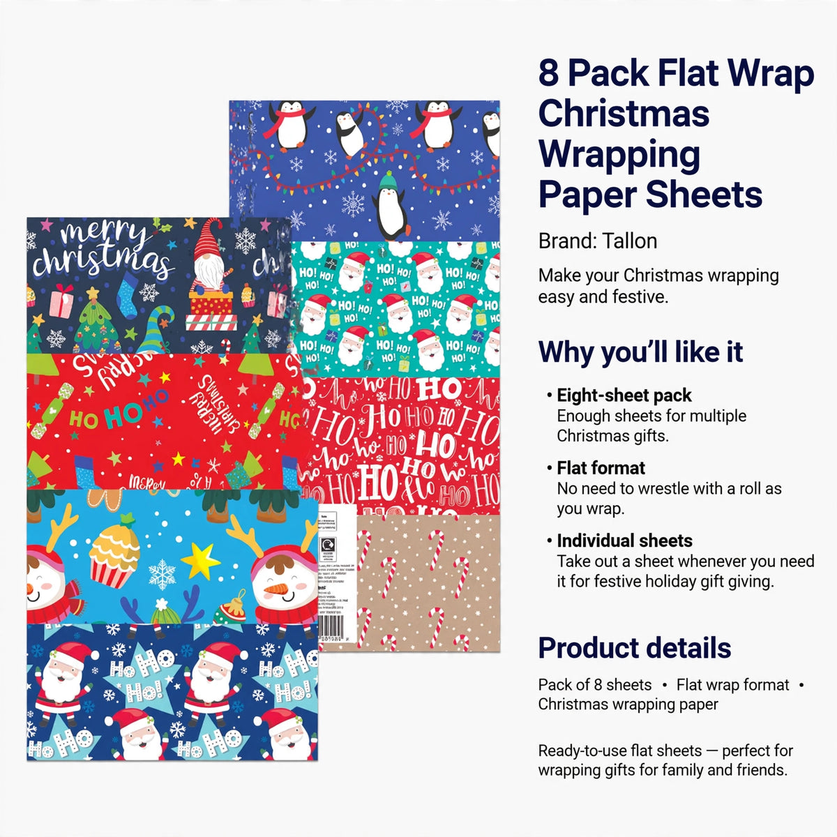 8 pack of Christmas wrapping paper sheets in flat format for easy gift wrapping
