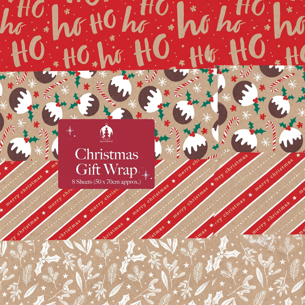 Close-up view of kraft Christmas wrapping paper sheet in flat format