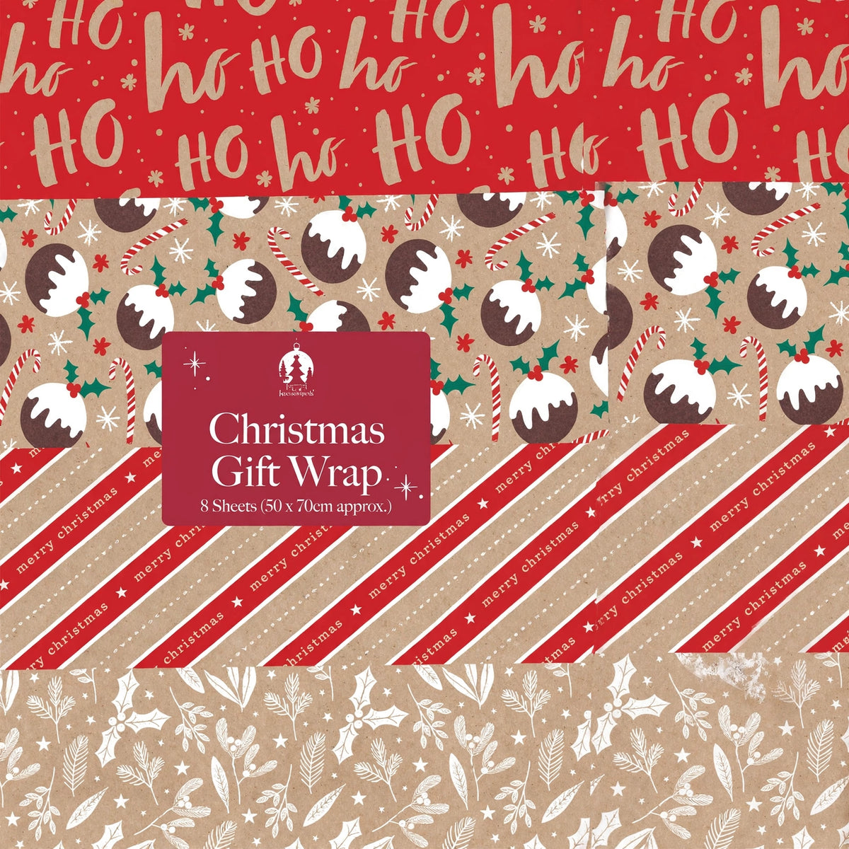 Close-up view of kraft Christmas wrapping paper sheet in flat format