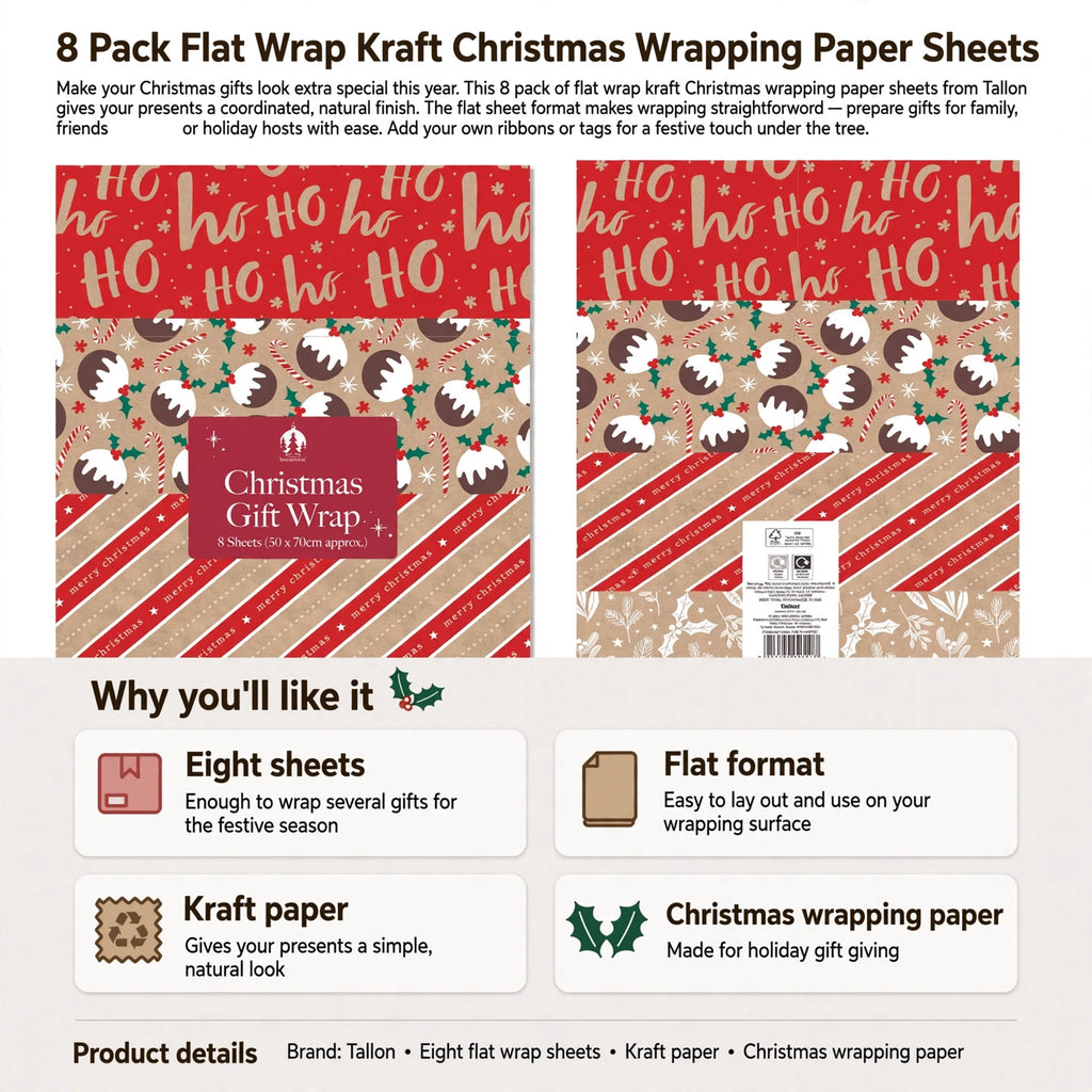 Infographic showing eight flat wrap sheets made of kraft paper for Christmas wrapping