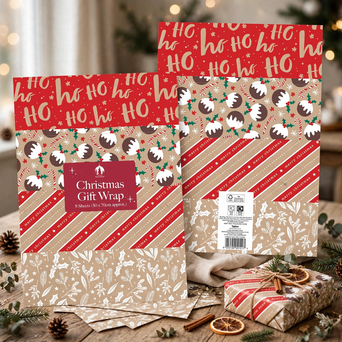 Christmas gifts wrapped with kraft paper sheets from the 8 pack