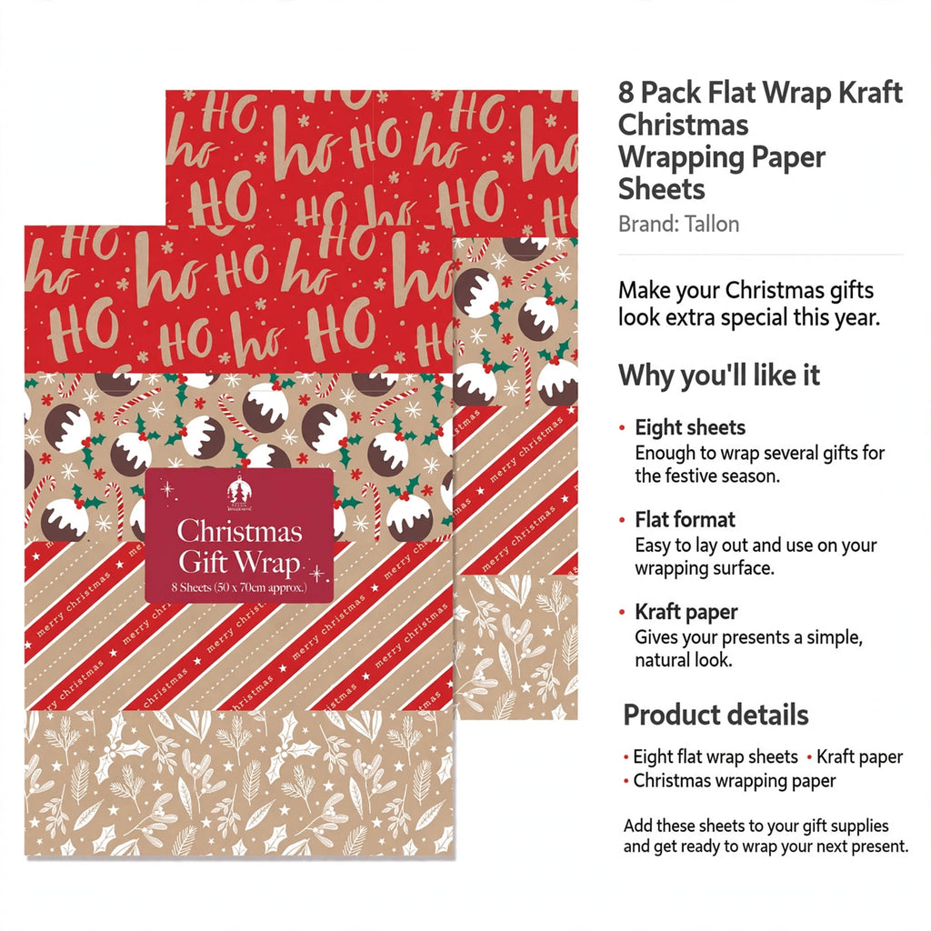 Eight flat wrap sheets of kraft paper for Christmas gift wrapping