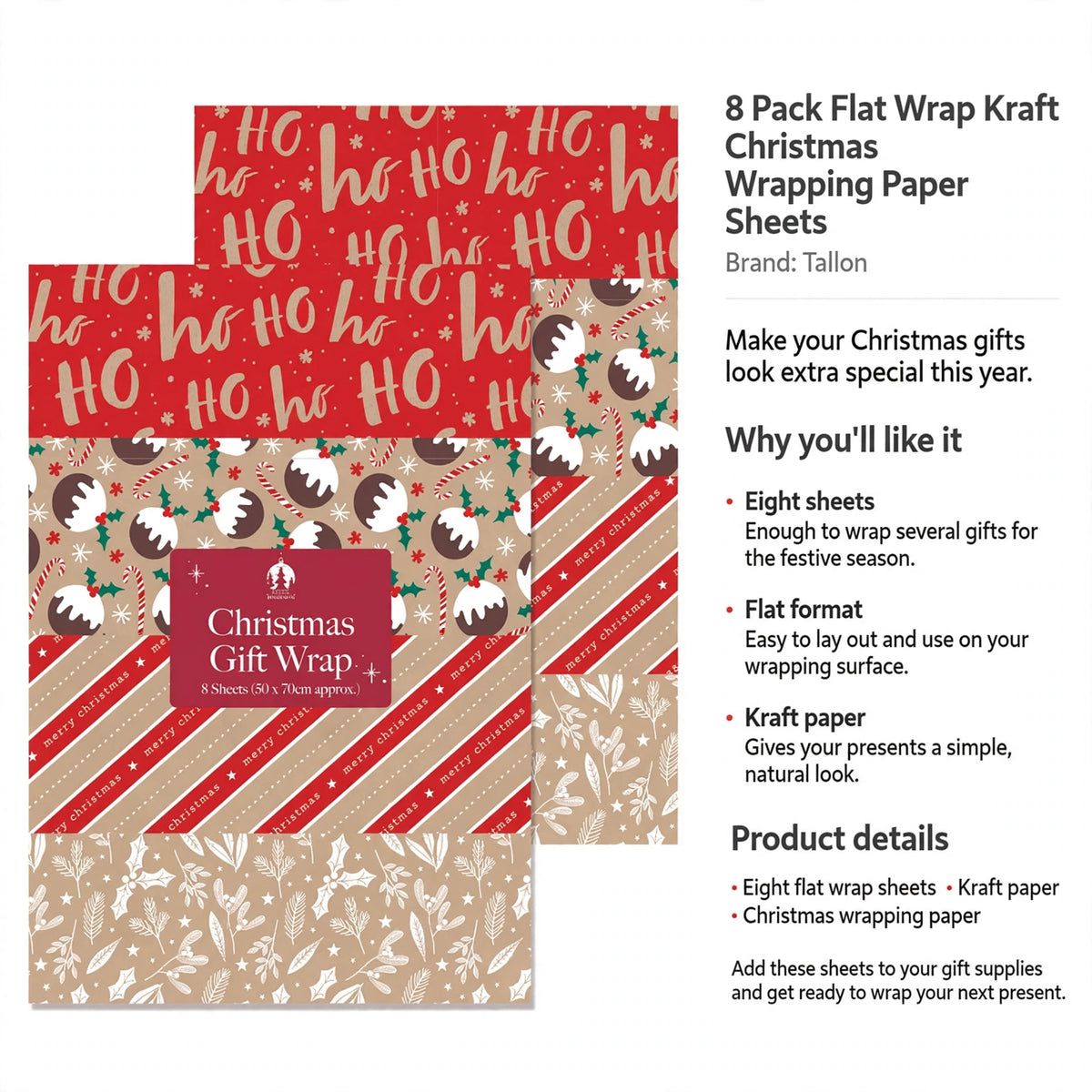 Eight flat wrap sheets of kraft paper for Christmas gift wrapping
