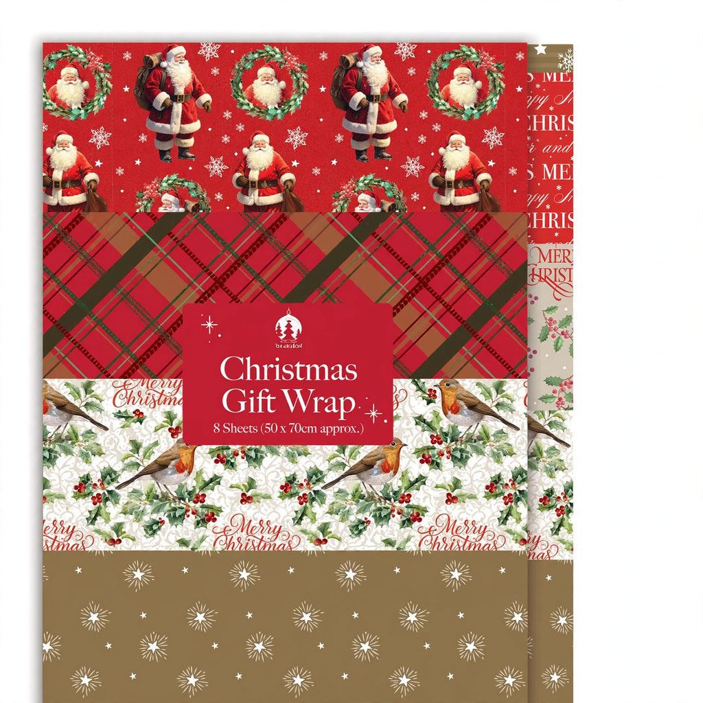 Close-up view of flat wrap traditional Christmas wrapping paper sheets
