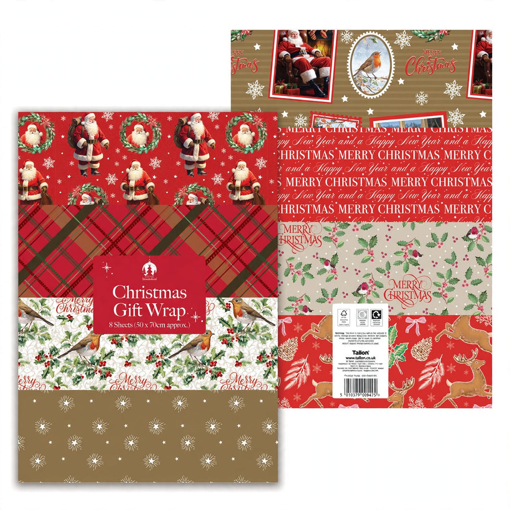 8 pack of flat wrap traditional Christmas wrapping paper sheets