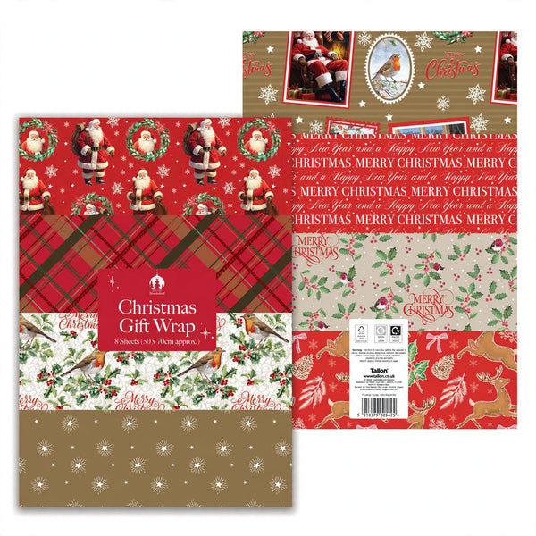 8 pack of flat wrap traditional Christmas wrapping paper sheets