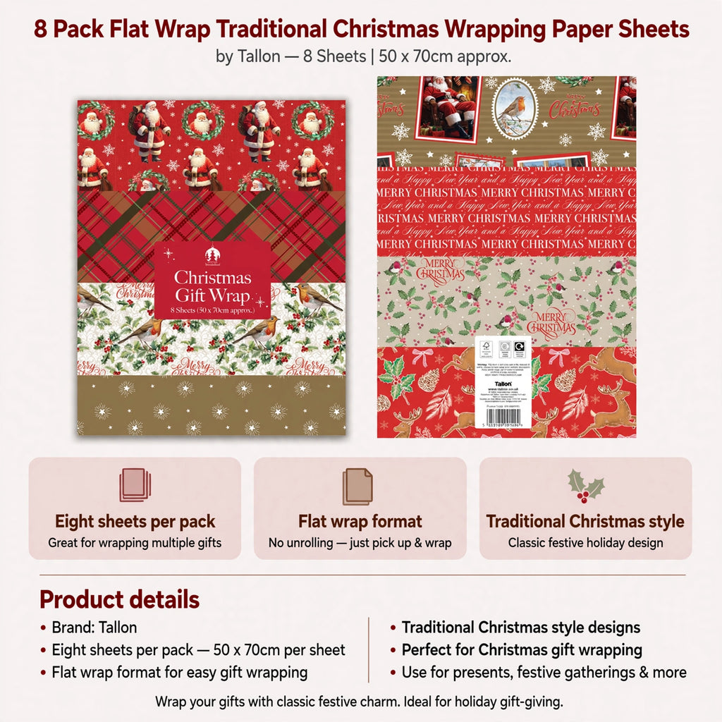 Features eight sheets per pack flat wrap format traditional Christmas style