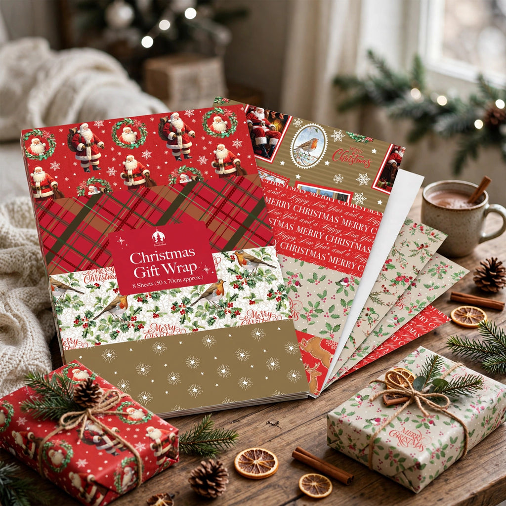 Christmas gifts wrapped with traditional Christmas wrapping paper sheets