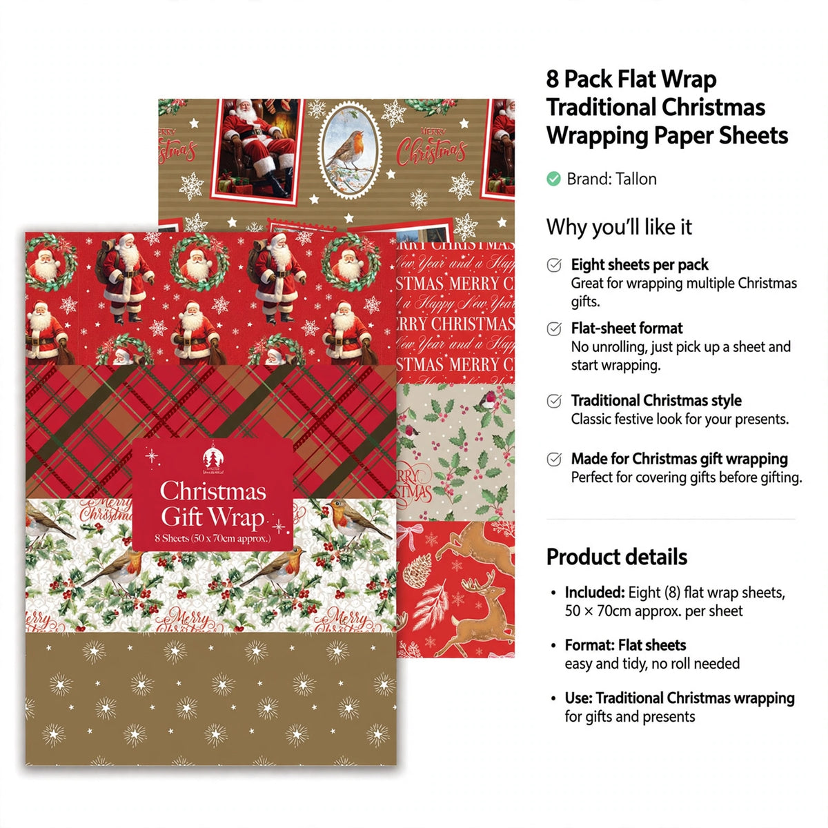 Eight sheets per pack flat-sheet format for easy gift wrapping