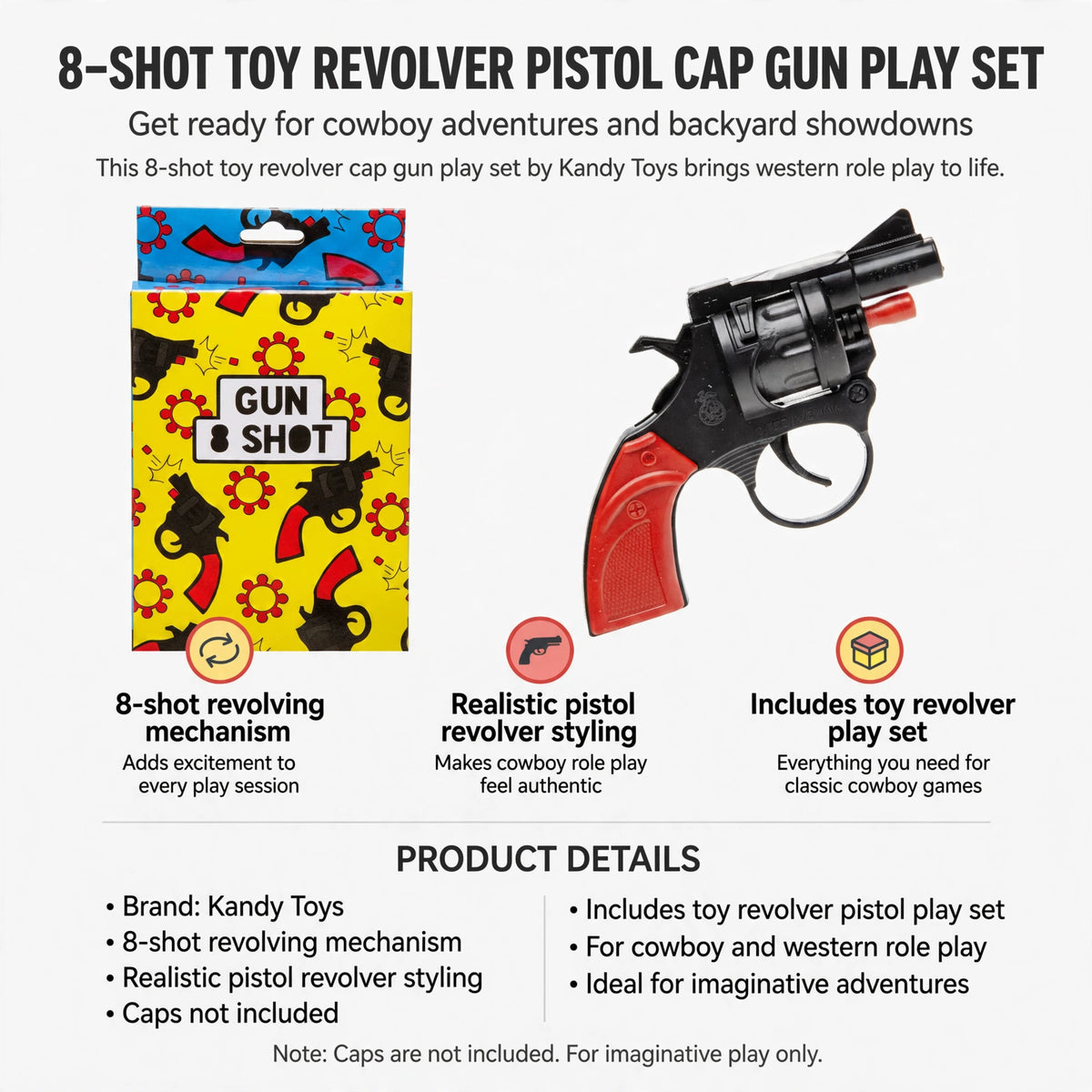 infographic showing 8-shot revolving mechanism and realistic pistol revolver styling