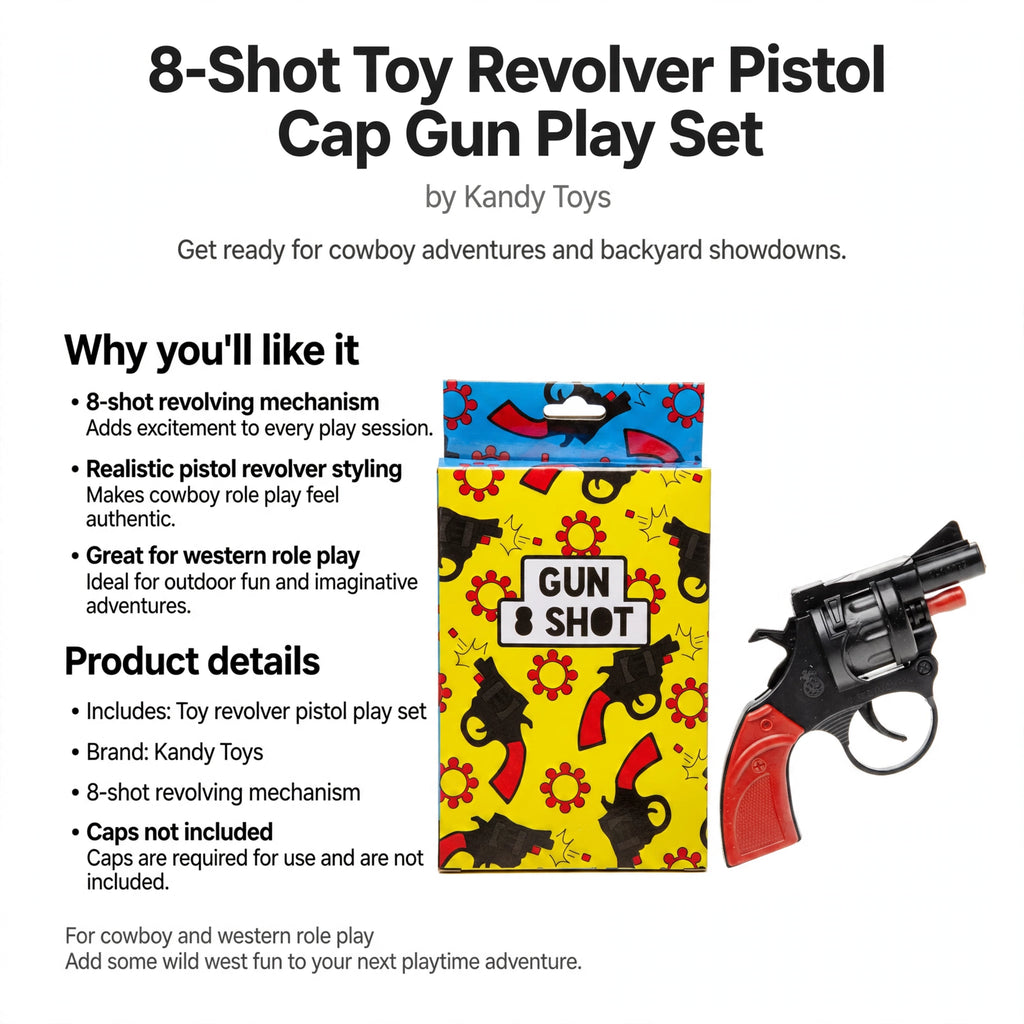 toy revolver play set by Kandy Toys with 8-shot revolving mechanism and caps not included