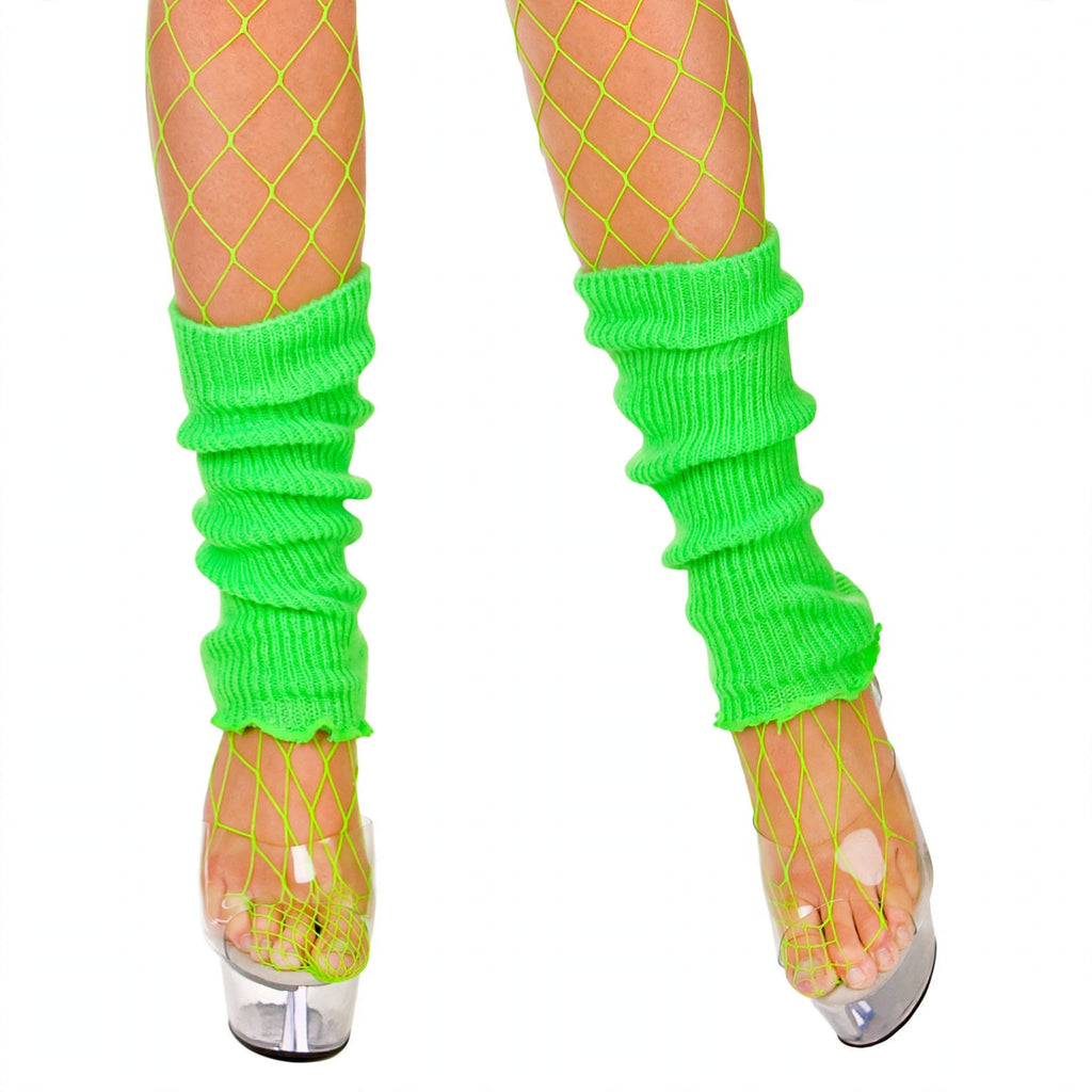 Close-up view of Wicked Costumes 1980s neon green leg warmers