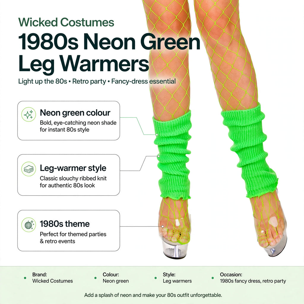 Features neon green colour, leg-warmer style, and 1980s theme