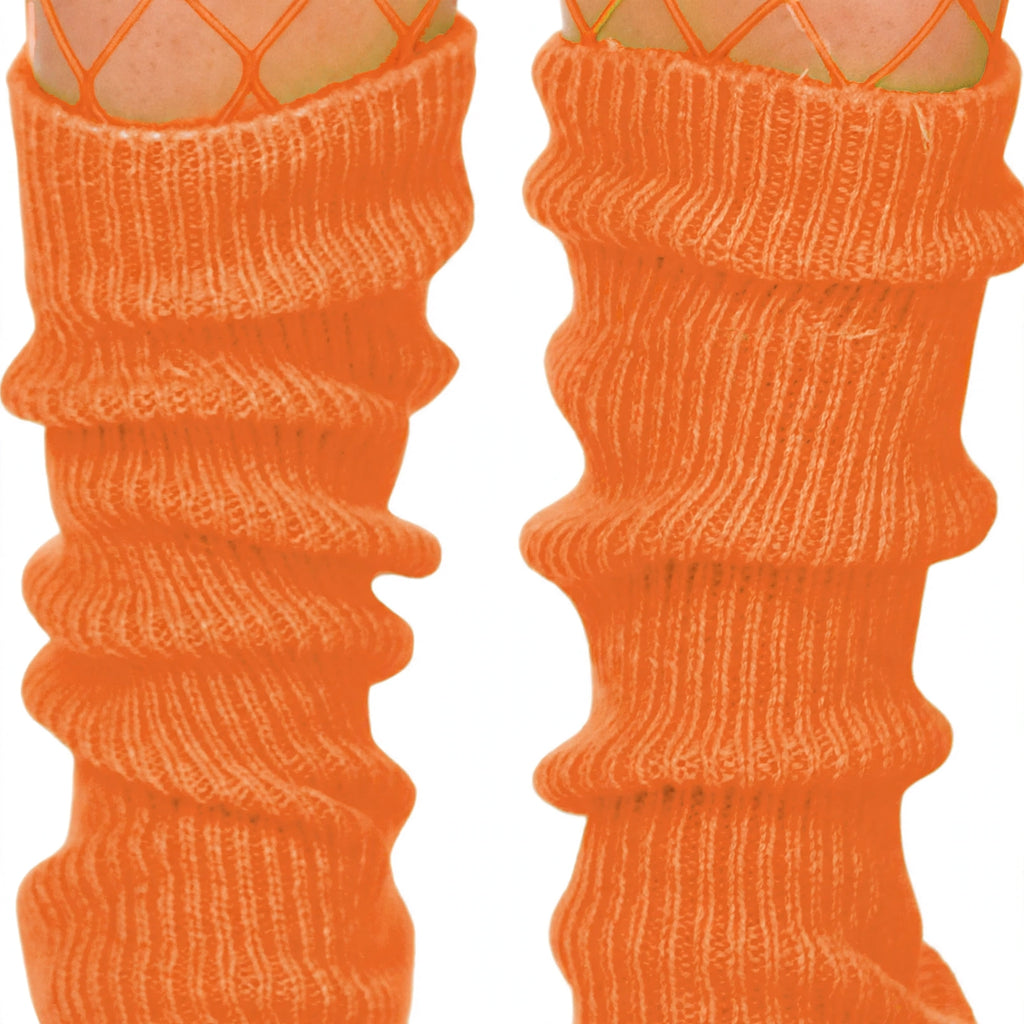 Close-up view of neon orange 1980s leg warmers