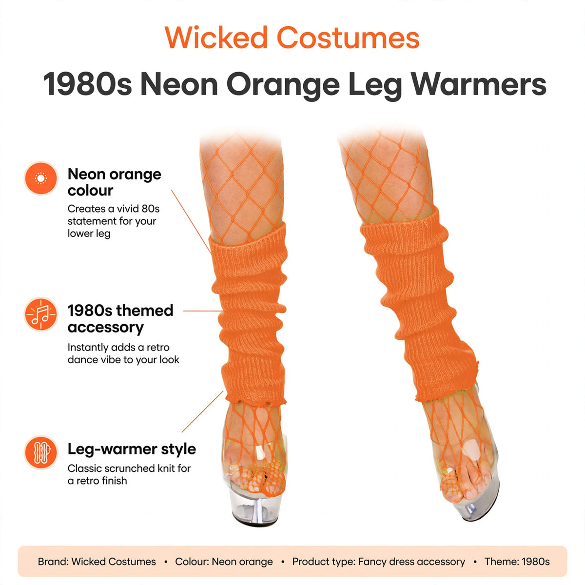 Features neon orange colour and 1980s themed leg-warmer style