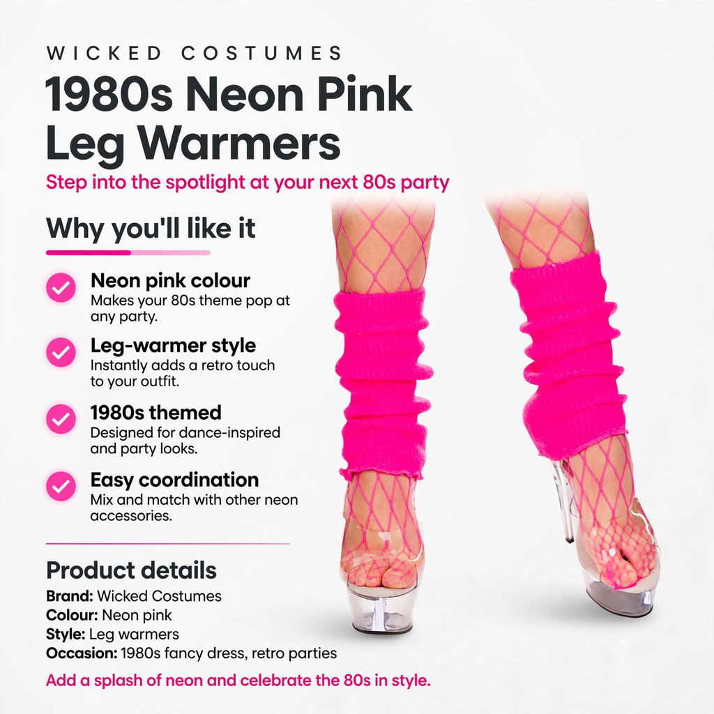 Features neon pink colour, leg-warmer style, 1980s theme, and easy coordination