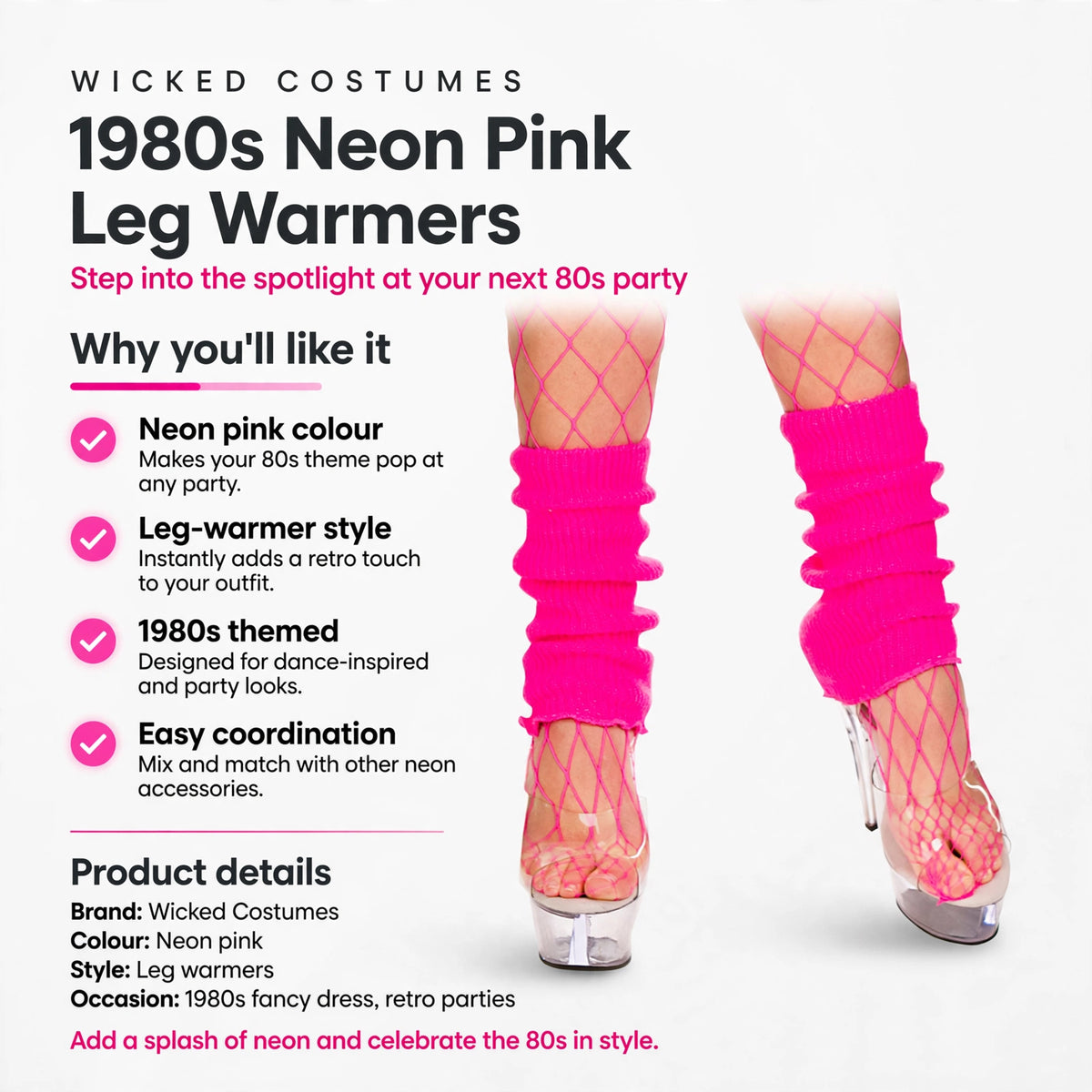 Features neon pink colour, leg-warmer style, 1980s theme, and easy coordination