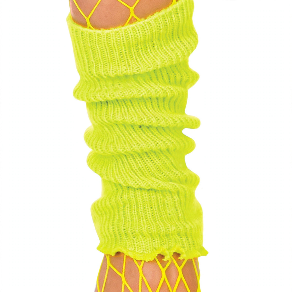 Close-up view of neon yellow 1980s leg warmers by Wicked Costumes