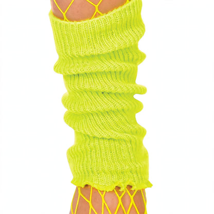 Close-up view of neon yellow 1980s leg warmers by Wicked Costumes