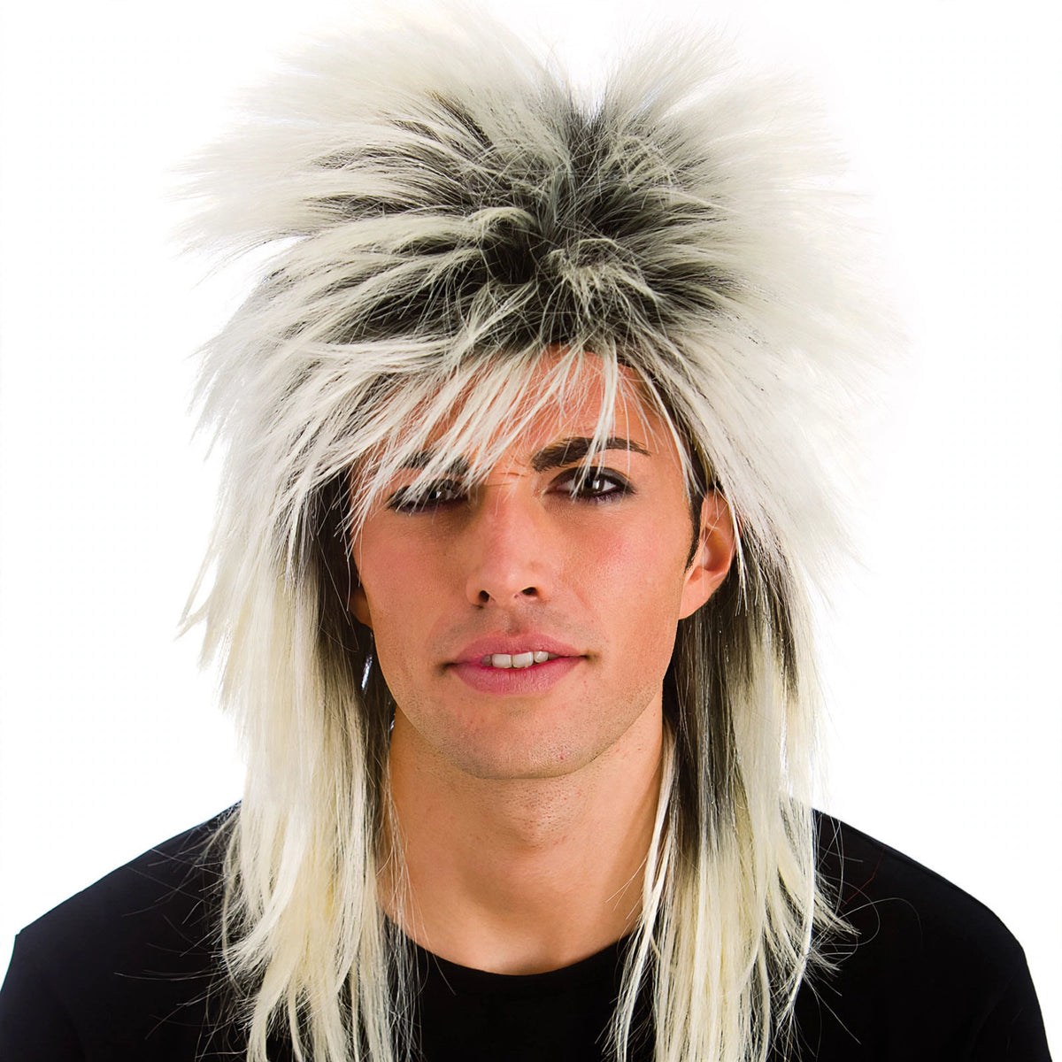 Close-up view of the 80's Rockstar Blonde Unisex Wig showing spiked dark crown and layered hair