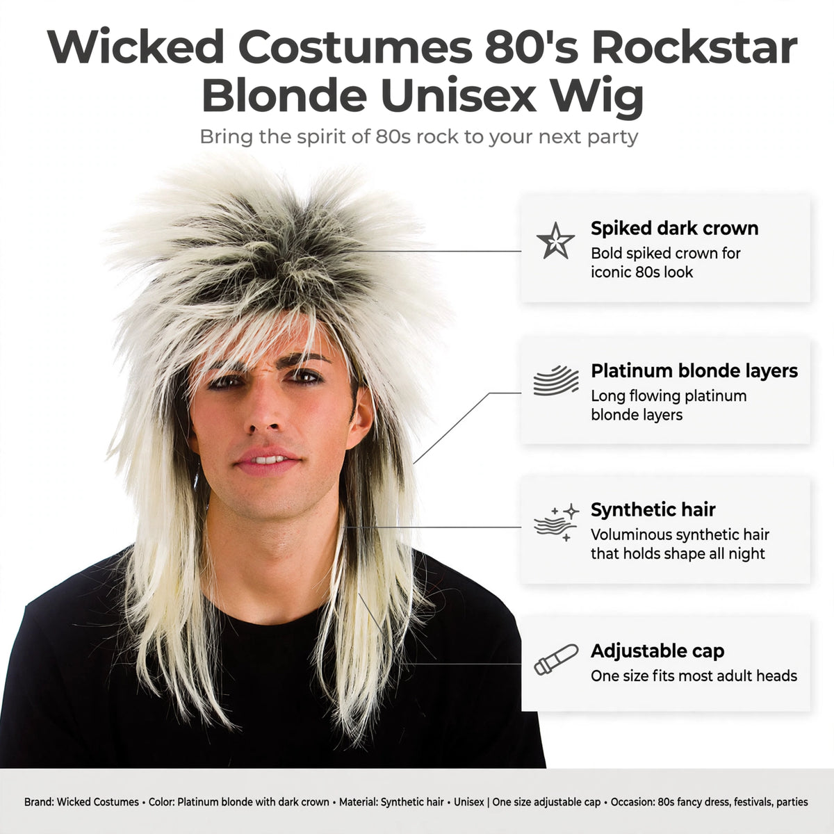 Features platinum blonde flowing layers, spiked dark crown, synthetic hair, and adjustable cap
