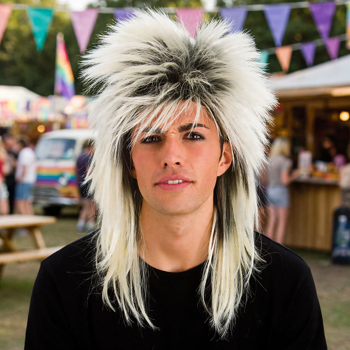 Person wearing the Wicked Costumes 80's Rockstar Blonde Unisex Wig at a party or festival