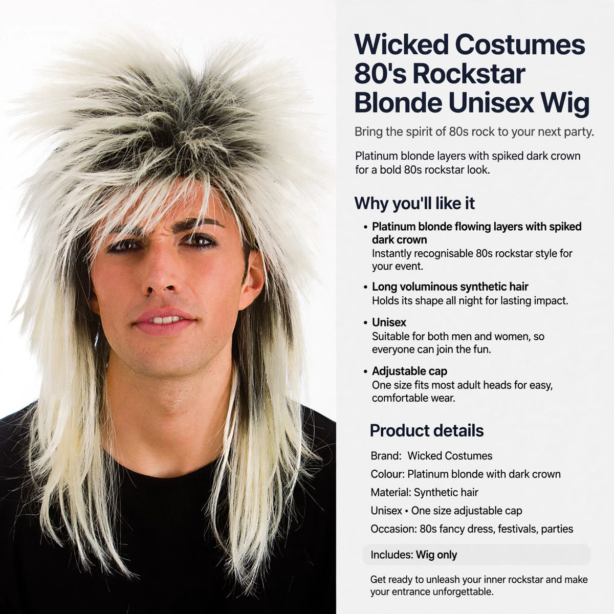 Unisex design with adjustable cap fitting most adult heads, synthetic hair holds shape