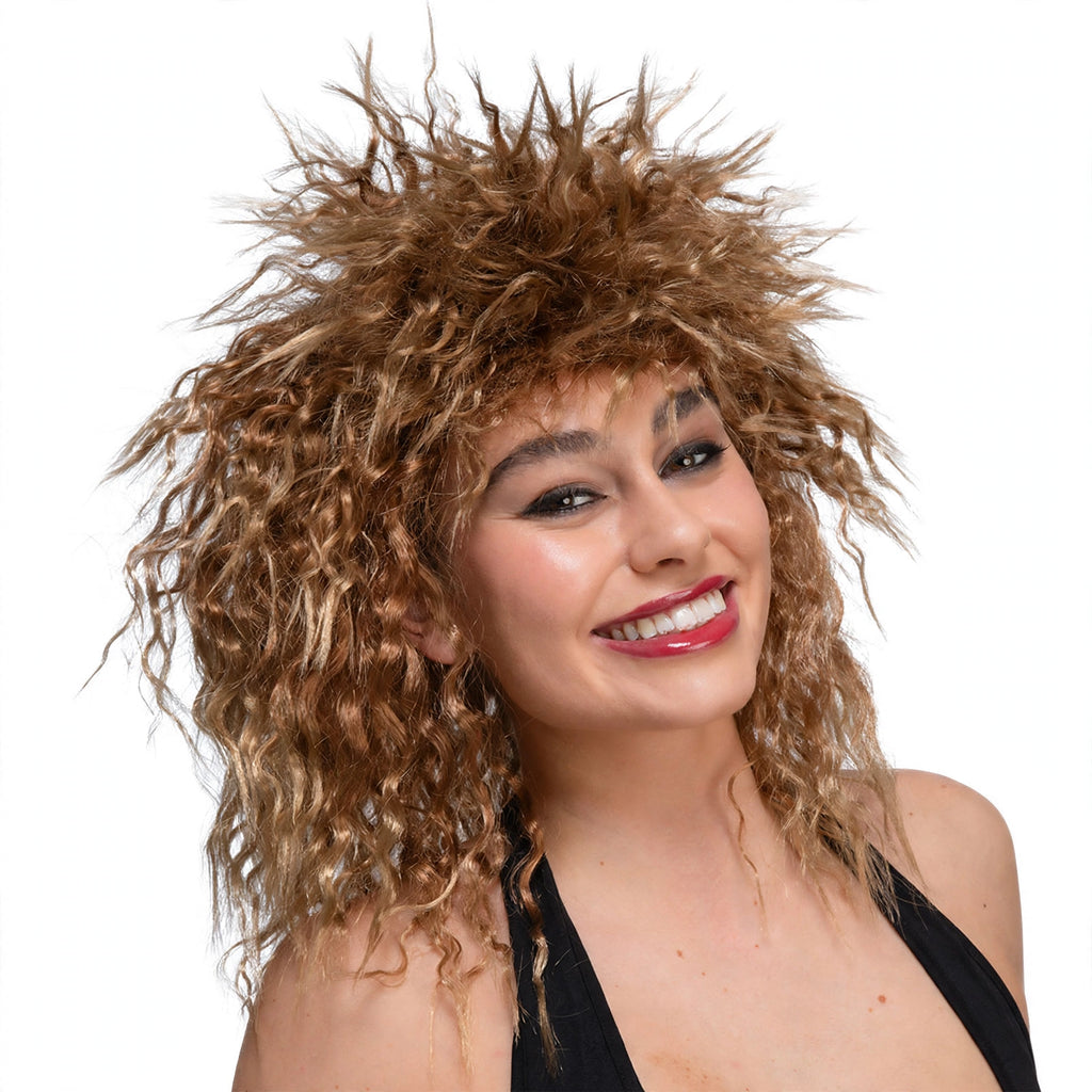 Close-up view of the brown curly synthetic 80s Tina Brown Wig