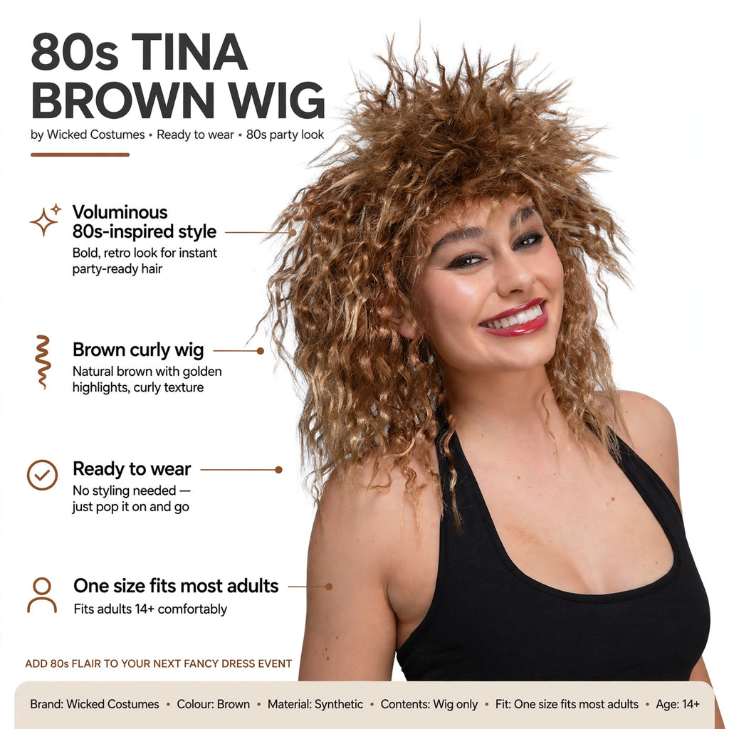 Infographic showing voluminous 80s-inspired style and ready-to-wear design of the brown curly wig