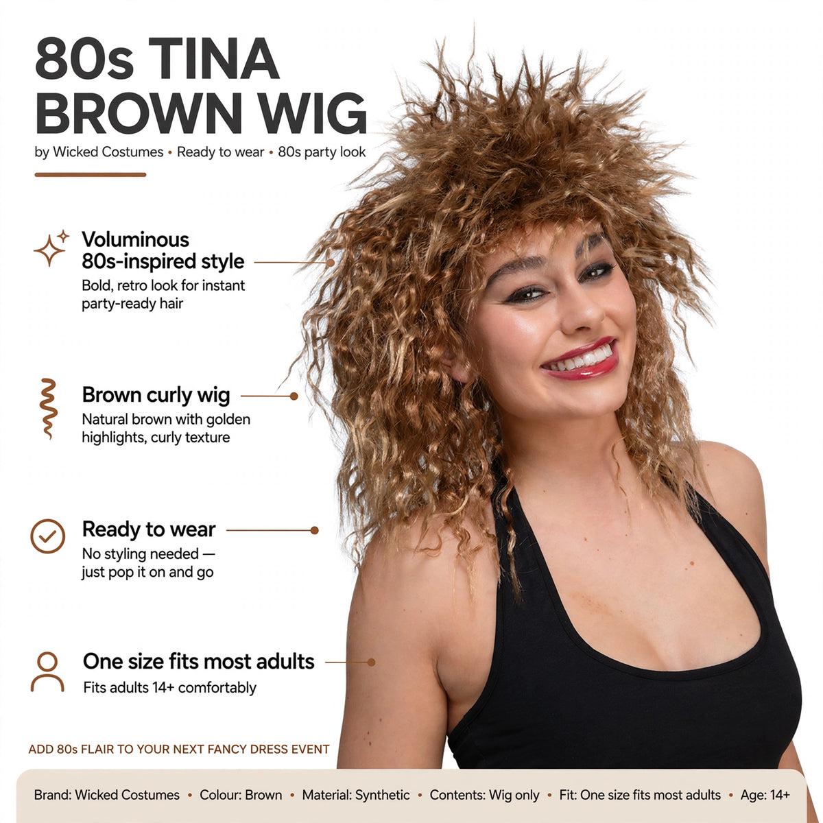 Infographic showing voluminous 80s-inspired style and ready-to-wear design of the brown curly wig
